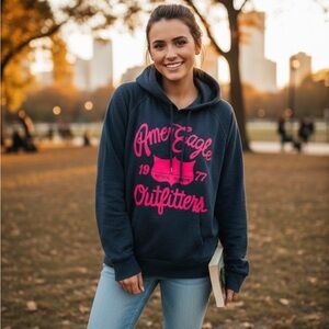 American Eagle Outfitters Dark Blue Hoodie with Bright Pink Design